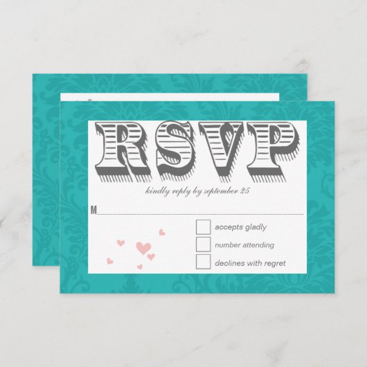 タイポグラフィターコイズとピンクダマスクウェディング 出欠カード (正面/裏面)