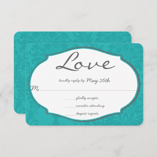 タイポグラフィターコイズブルーダマスクウェディング 出欠カード (正面/裏面)