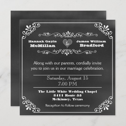 タイポグラフィチョークボードルック結婚ズ 招待状 (正面/裏面)