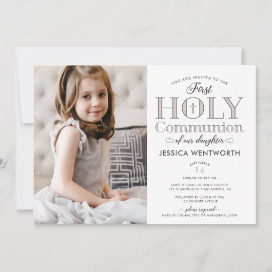 タイポグラフィック写真最初の聖餐式の娘 招待状 (正面)