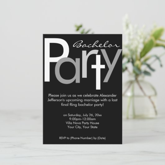 タイポグラフィック グレー ブラック 結婚前パーティー招待状 招待状 (スタンド正面)