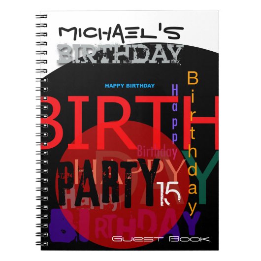 タイポグラフィックHappy 15th Birthday Partyゲストブック ノートブック (正面)