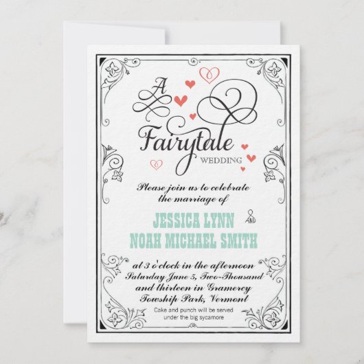 タイポグラフィハートミントとコーラルフェアリー結婚ターレ 招待状 (正面)