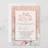 タイポグラフィバラ金ゴールドフローラ水彩バルミツワー 招待状 (正面)