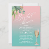 タイポグラフィパステルピンクティール（緑がかった色）リーフブライダルシャワー 招待状 (正面)