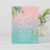 タイポグラフィパステルピンクティール(緑がかった色)リーフブライダルシャワー 招待状 (スタンド正面)