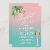 タイポグラフィパステルピンクティール(緑がかった色)リーフブライダルシャワー 招待状 (正面/裏面)