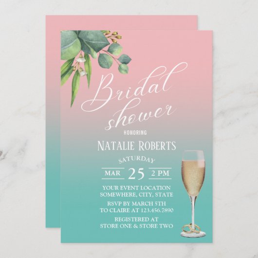 タイポグラフィパステルピンクティール（緑がかった色）リーフブライダルシャワー 招待状 (正面/裏面)