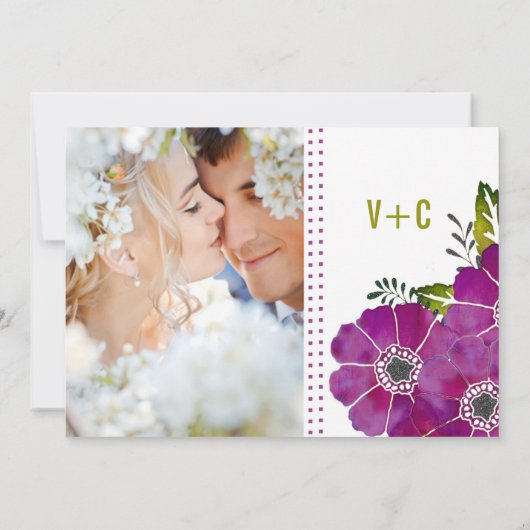 タイポグラフィパープルとケールグリーン結婚フローラ 招待状 (裏面)