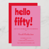 タイポグラフィピンクモダンレッド50誕生日 招待状 (正面/裏面)