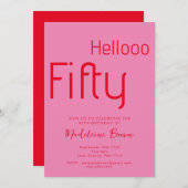 タイポグラフィピンクモダンレッド50誕生日 招待状 (正面/裏面)