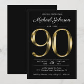 タイポグラフィブラック金ゴールド90誕生日 招待状 (正面/裏面)