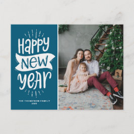 タイポグラフィブルー素朴ハッピーニューイヤー写真 シーズンポストカード