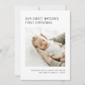 タイポグラフィベビーの初めてのクリスマスミニマル写真 シーズンカード (正面)