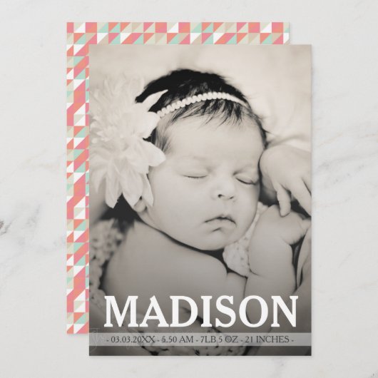 タイポグラフィベビーガール誕生発表写真カード 案内状 (正面/裏面)