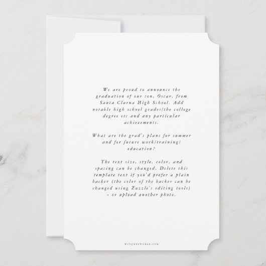 タイポグラフィミニマルックのオーバーレイ卒業写真 案内状 (裏面)