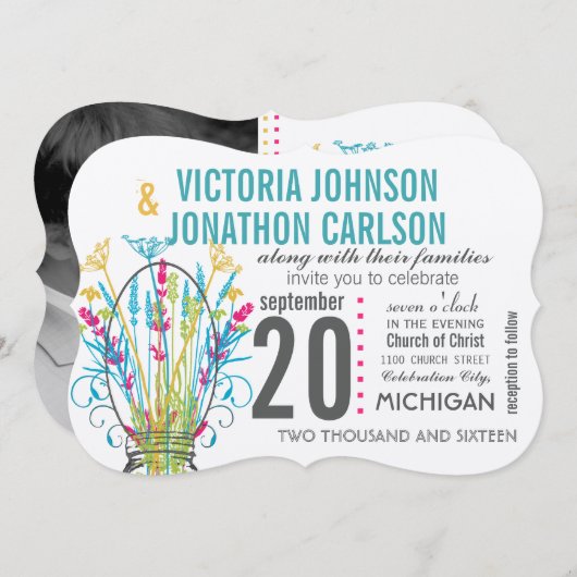 タイポグラフィメイソンジャールコーラルイエローブルーグリーン 招待状 (正面/裏面)