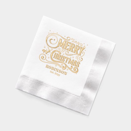 タイポグラフィメリークリスマスファミリー名日付 箔ナプキン (左)