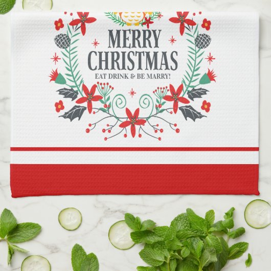 タイポグラフィメリーモダンクリスマス・フクロウ キッチンタオル (折り畳み)