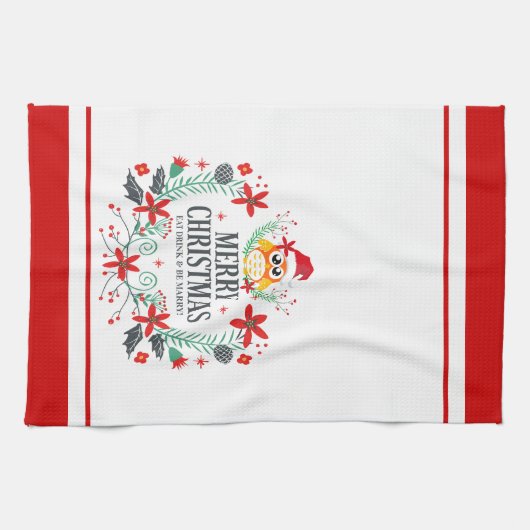 タイポグラフィメリーモダンクリスマス・フクロウ キッチンタオル (横)