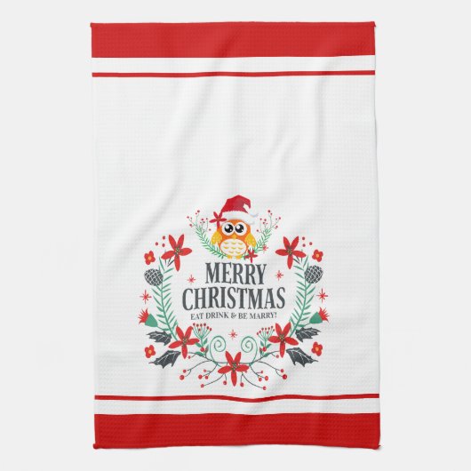 タイポグラフィメリーモダンクリスマス・フクロウ キッチンタオル (縦)