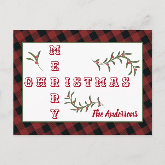 タイポグラフィメリーモダンクリスマス・プレイド シーズンポストカード (正面)