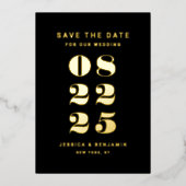 タイポグラフィモダンウェディング日付を保存ブラック金ゴールド 箔招待状 (正面)