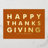 タイポグラフィモダンオレンジハッピーサンクスギビング金ゴールド 箔シーズンカード (正面)