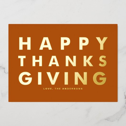 タイポグラフィモダンオレンジハッピーサンクスギビング金ゴールド 箔シーズンカード (正面)