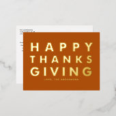 タイポグラフィモダンオレンジハッピーサンクスギビング金ゴールド 箔シーズンポストカード (正面/裏面)