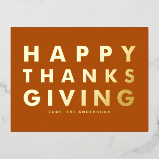 タイポグラフィモダンオレンジハッピーサンクスギビング金ゴールド 箔シーズンポストカード (正面)