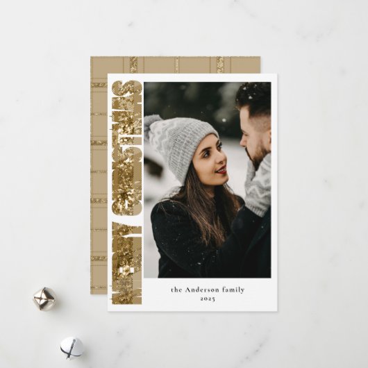 タイポグラフィモダンタータンチェック格子模様クリスマスフォト シーズンカード (正面/裏面インサイチュ)