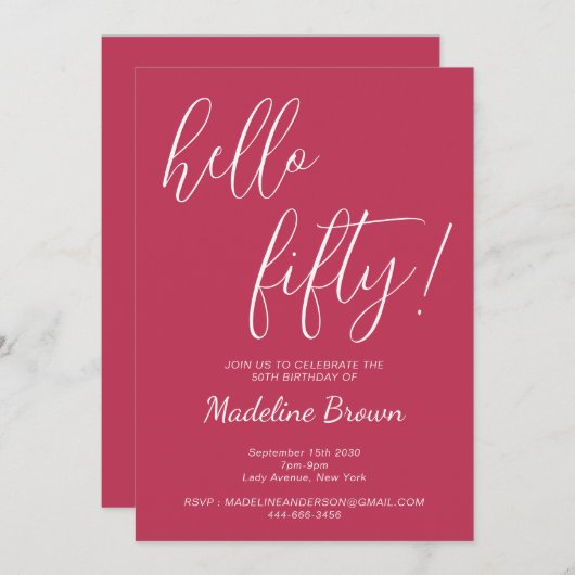 タイポグラフィモダンビバマゼンタ50誕生日 招待状 (正面/裏面)