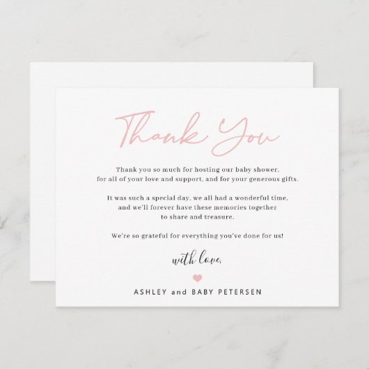 タイポグラフィモダンピンクのスクリプト女の子の赤ちゃんシャワー サンキューカード (正面/裏面)