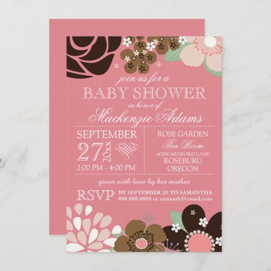 タイポグラフィモダンフローラベビーシャワーピンク茶色 招待状 (正面/裏面)