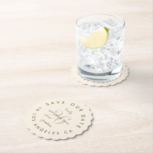 タイポグラフィモダンブラウンクリーム日付を保存 ペーパーコースター (インサイチュ)