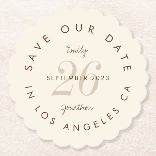 タイポグラフィモダンブラウンクリーム日付を保存 ペーパーコースター (正面)