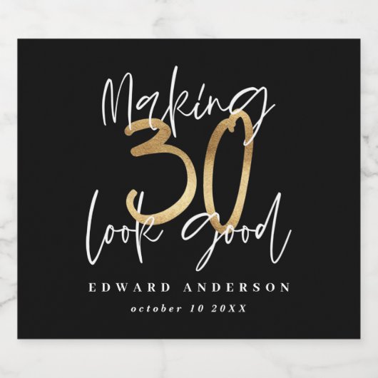 タイポグラフィモダンブラックと金ゴールド30歳の誕生日 ビールラベル (シングルラベル)