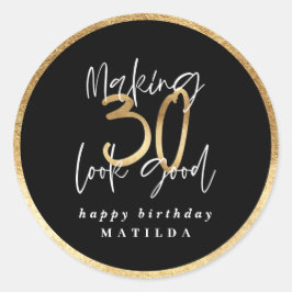 タイポグラフィモダンブラックと金ゴールド30歳の誕生日 ラウンドシール