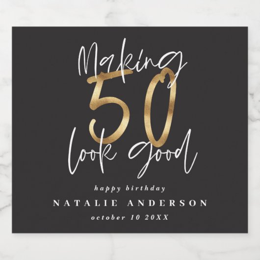 タイポグラフィモダンブラックと金ゴールド50歳の誕生日 ビールラベル (シングルラベル)