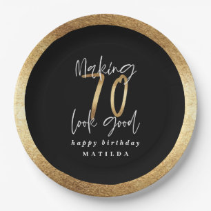 タイポグラフィモダンブラックと金ゴールド70歳の誕生日 ペーパープレート