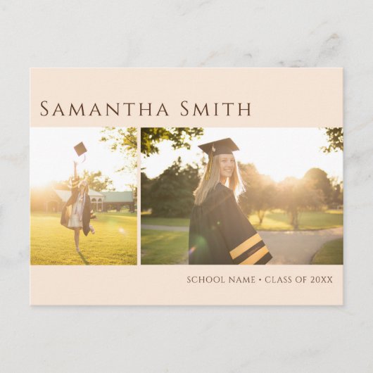 タイポグラフィモダンベージュシンプル2写真卒業 インビテーションポストカード (正面)