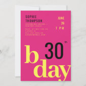 タイポグラフィモダンホットピンクイエローバースデーパーティー 招待状 (正面)