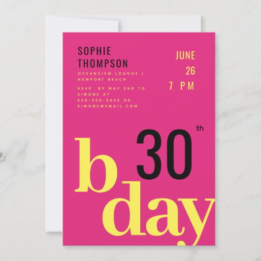 タイポグラフィモダンホットピンクイエローバースデーパーティー 招待状 (正面)