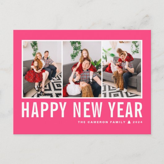 タイポグラフィモダンホットピンク写真集お正月 シーズンポストカード (正面)
