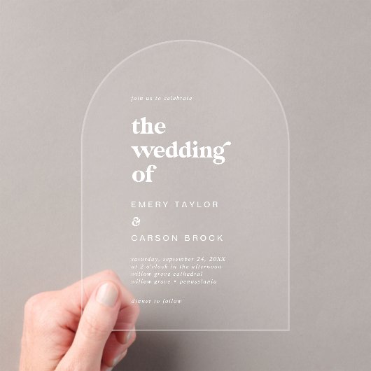 タイポグラフィモダンホワイトボホヴィンテージレトロ結婚ズ アクリル招待状 (インサイチュ (ポータブル))