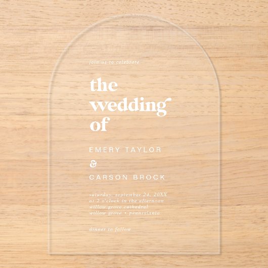 タイポグラフィモダンホワイトボホヴィンテージレトロ結婚ズ アクリル招待状 (正面)