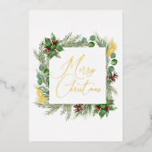 タイポグラフィモダンメリークリスマスリースフォイルカード 箔シーズンカード (正面)