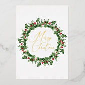 タイポグラフィモダンメリークリスマスリースフォイルカード 箔シーズンカード (正面)