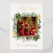 タイポグラフィモダンメリークリスマスリース写真 箔シーズンカード (正面)